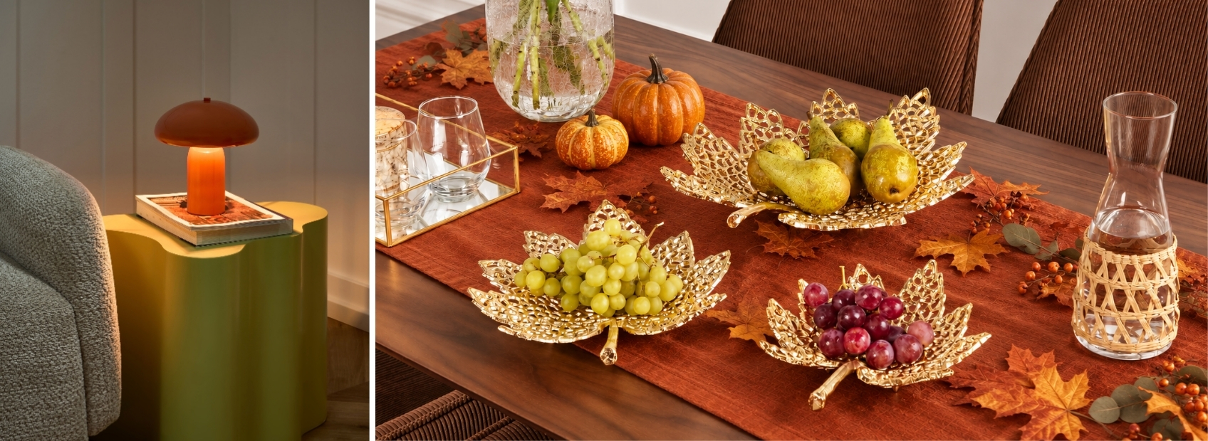 image showing mushroom-shaped table lamp and table with autumn decorations