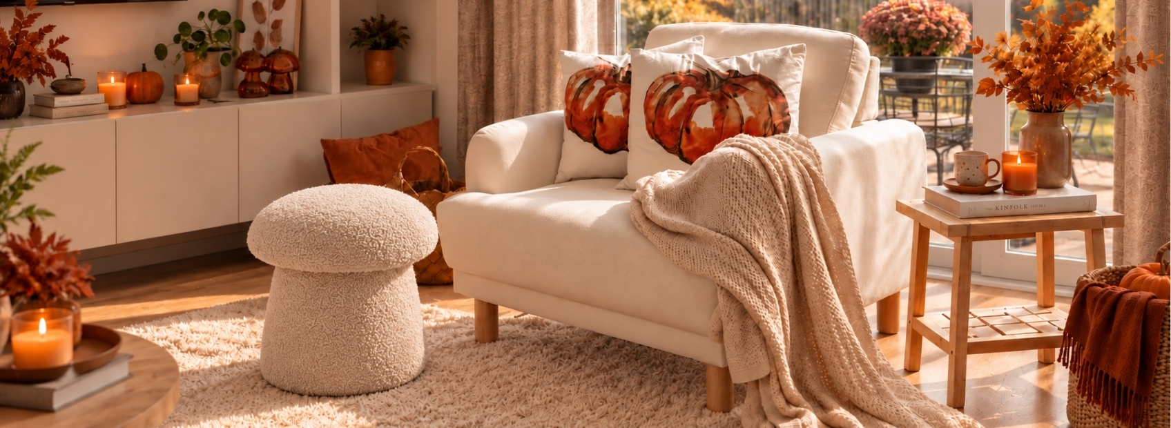 living room decorated for autumn