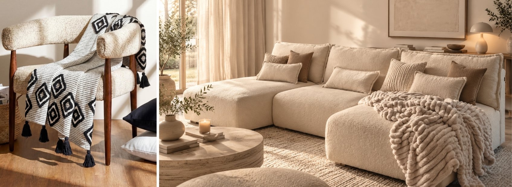 two pictures showing layering on a sofa