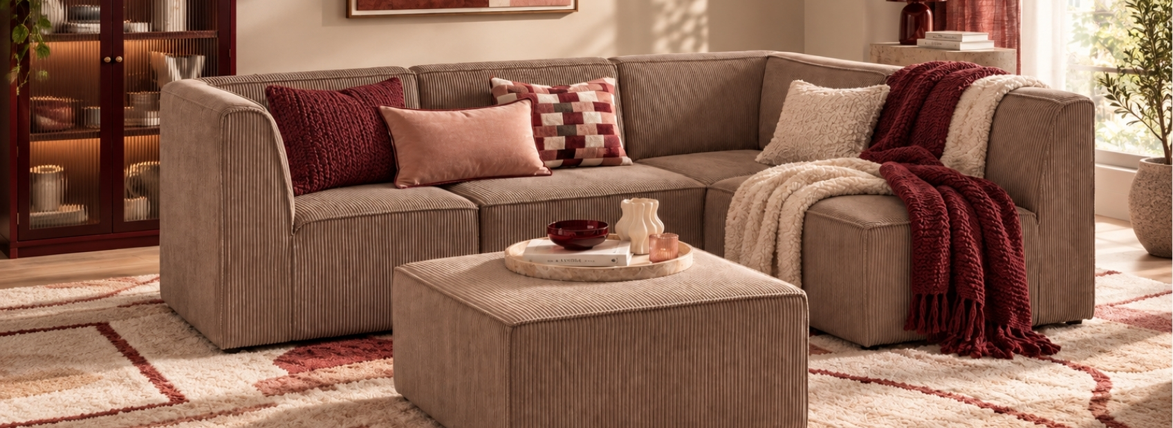 cushions and blankets layered on top of the sofa