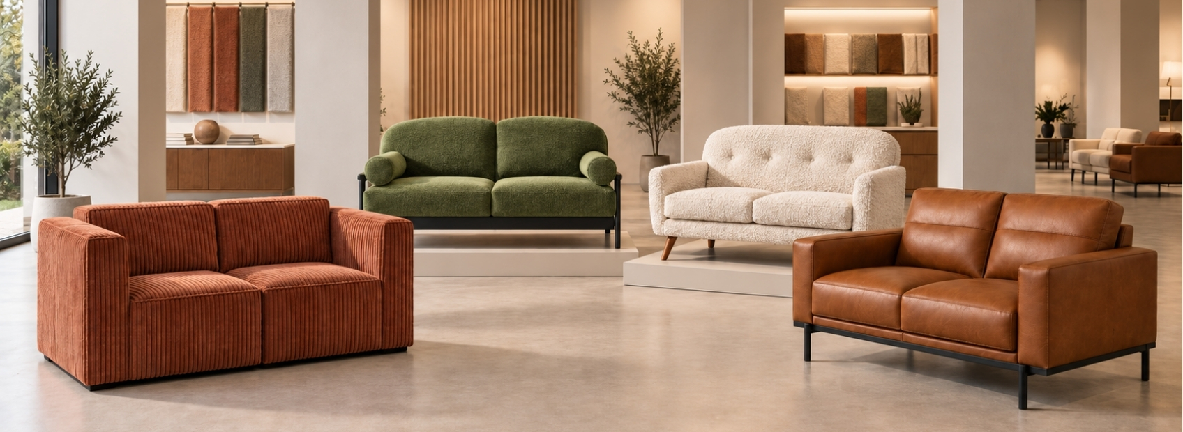 image showing sofas in corduroy, polyester fabric, boucle, and faux leather