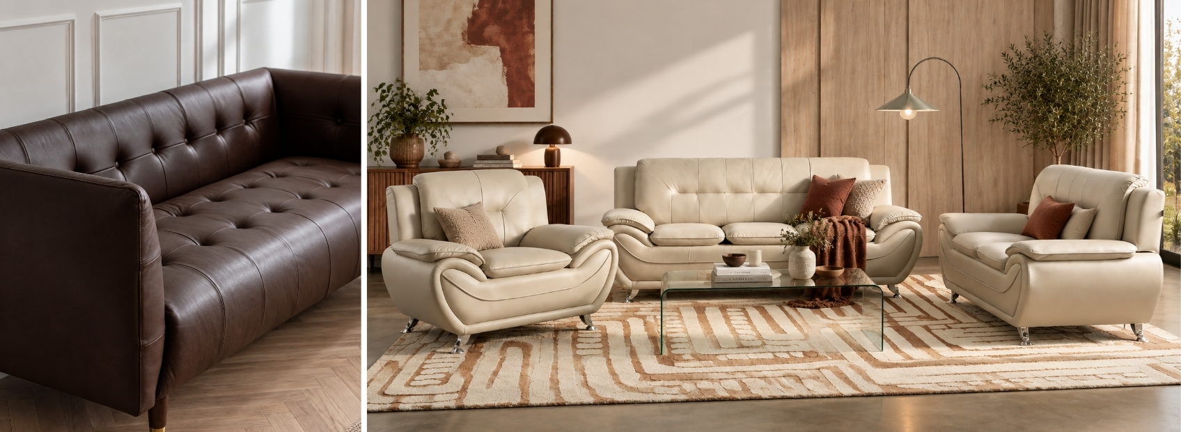 image showing leather sofas, one from genuine leather, the others from faux leather