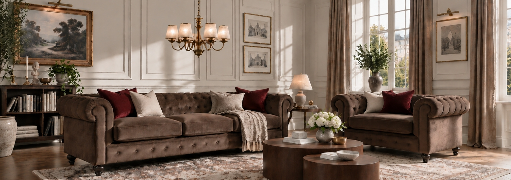 dnevna soba u old-money stilu s smeđim chesterfield sofama i stolovima od tamnog drva